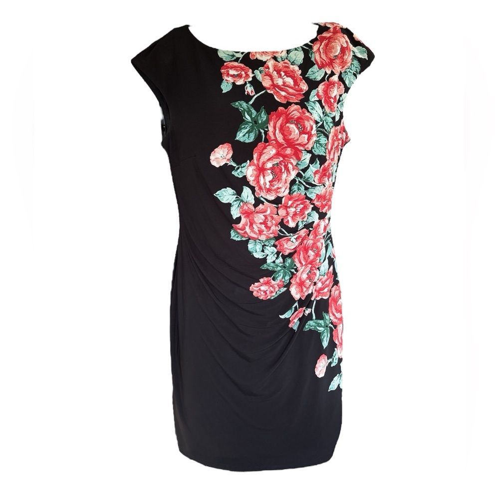 Anne Klein Black and Red Asymmetrical Ruched Rose Sheath Midi Dress - 12 L